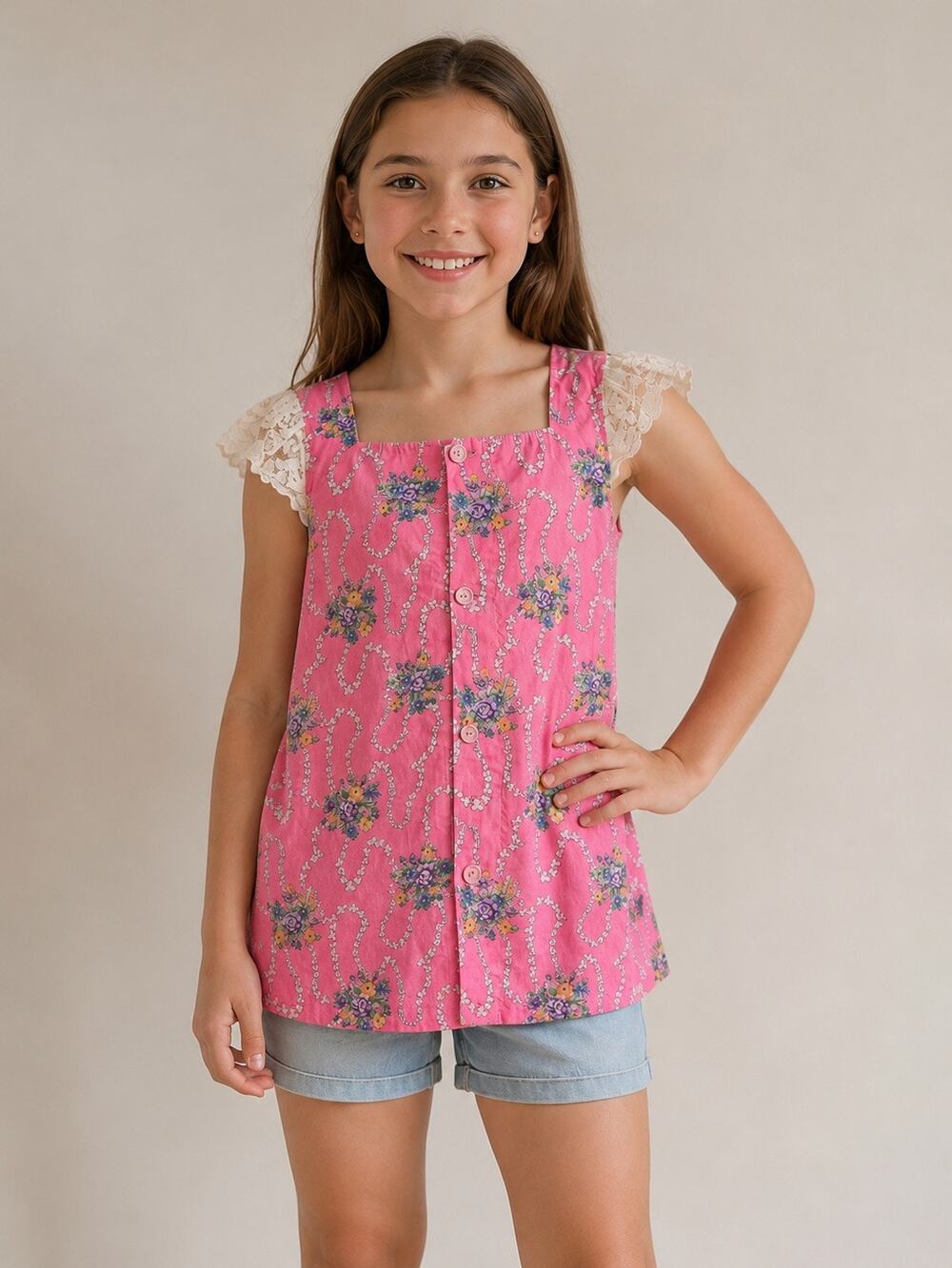 Vintage Handmade Pink Floral Lace Sleeve Tunic Top | Girls 12–14